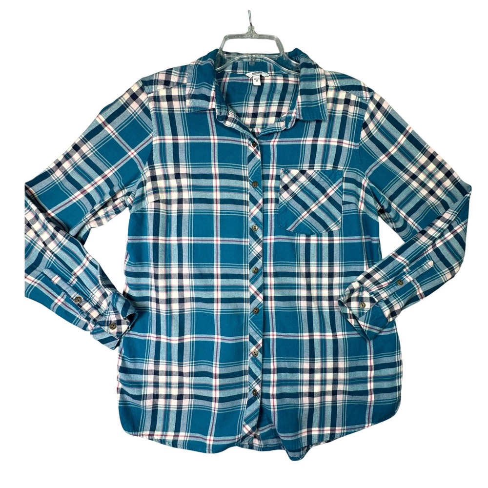 Sonoma Plaid Button Down Shirt Teal Blue Pink Casual Cotton Medium Y2K Grunge